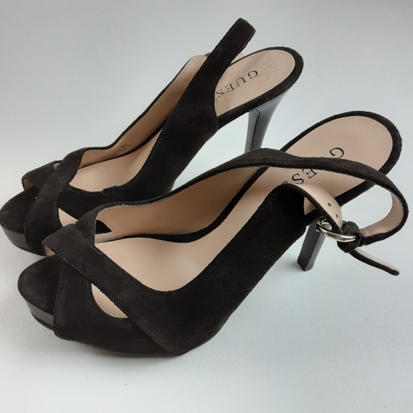 Guess Brown Suede Peep Toe Slingback Heels - Picture 4 of 6